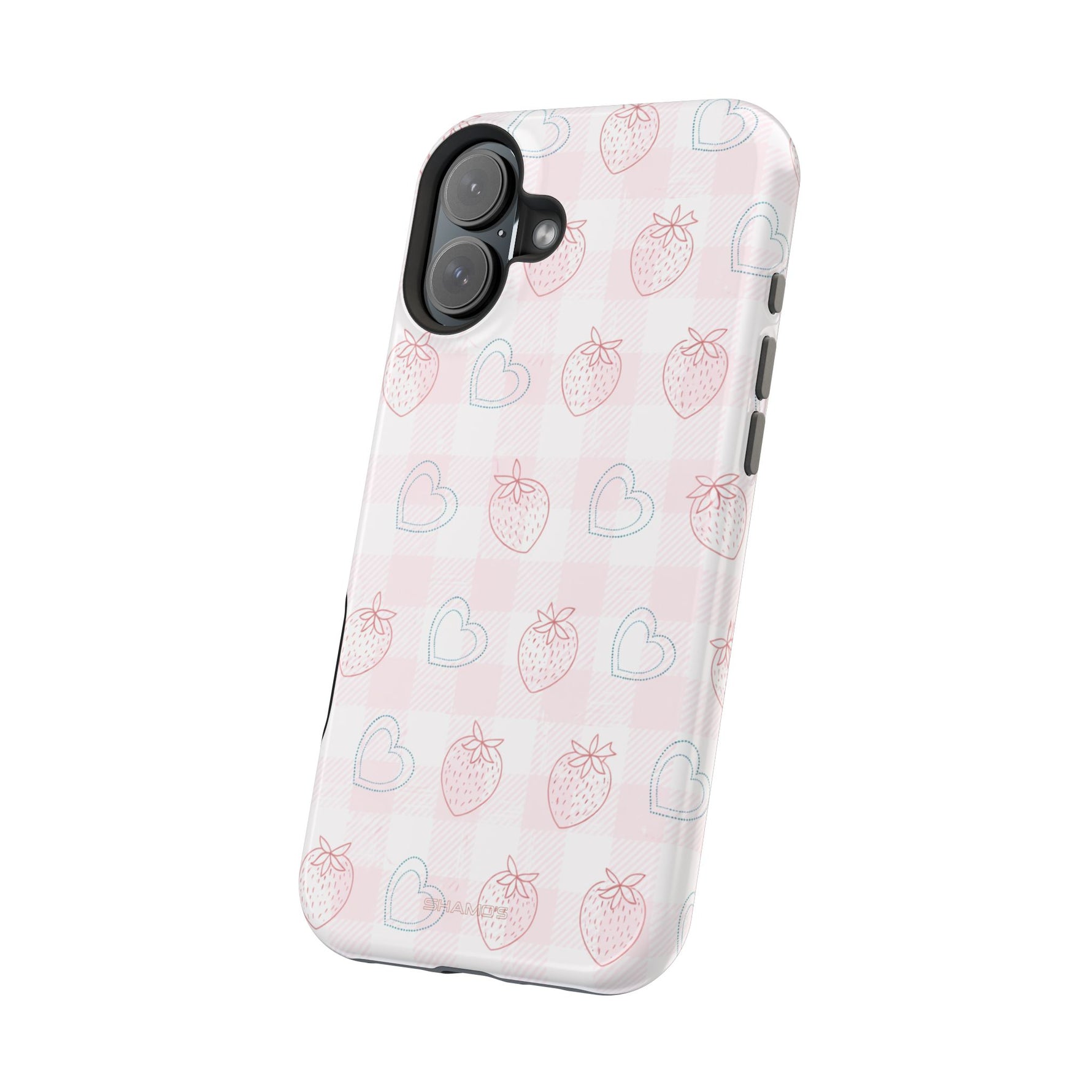 Strawberry Hearts MagSafe Compatible Phone Case | 'Paint it your way' Pink Plaid Impact-Resistant