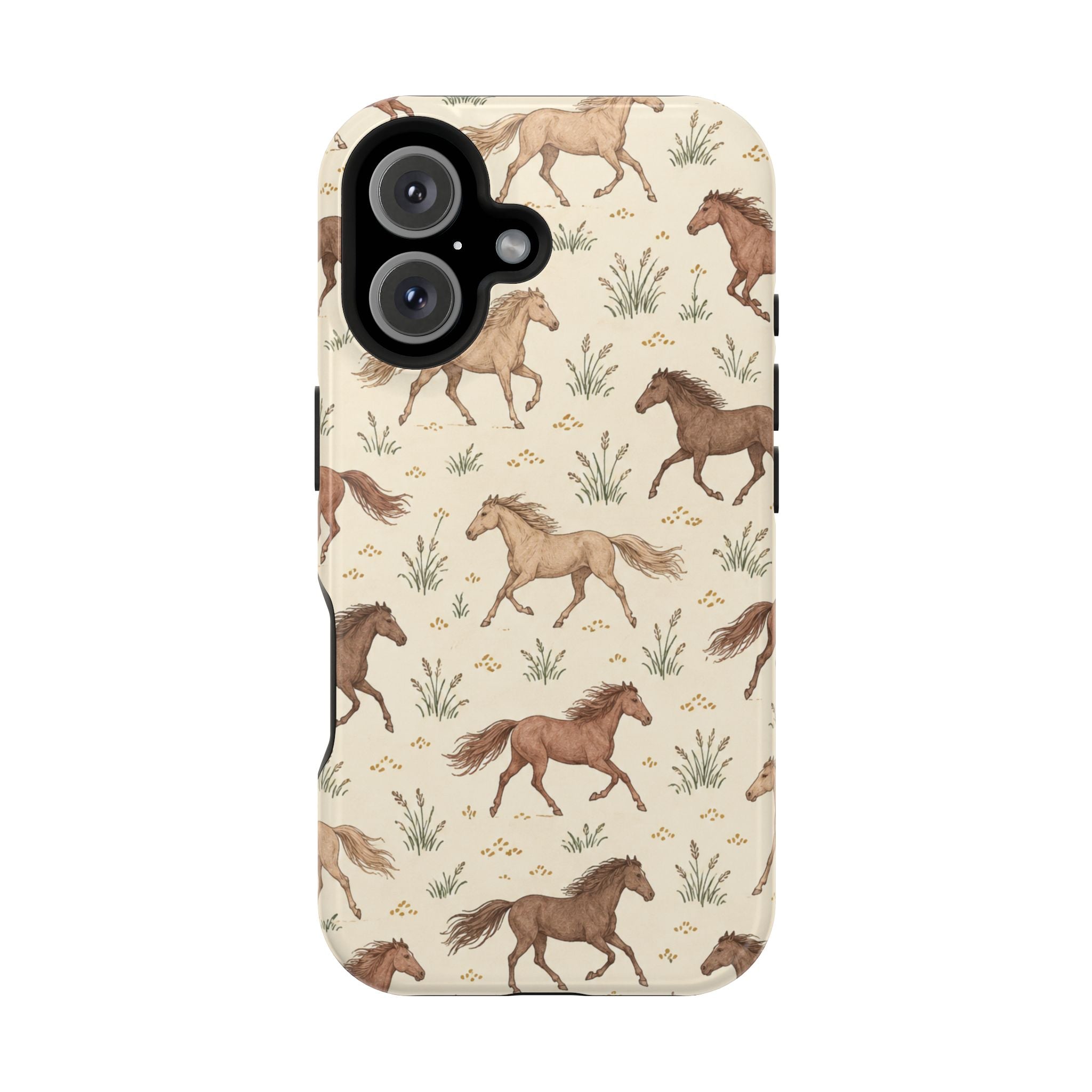 Wild Mustangs – Western Horse Pattern MagSafe Phone Case, glossy iPhone 16, rear view