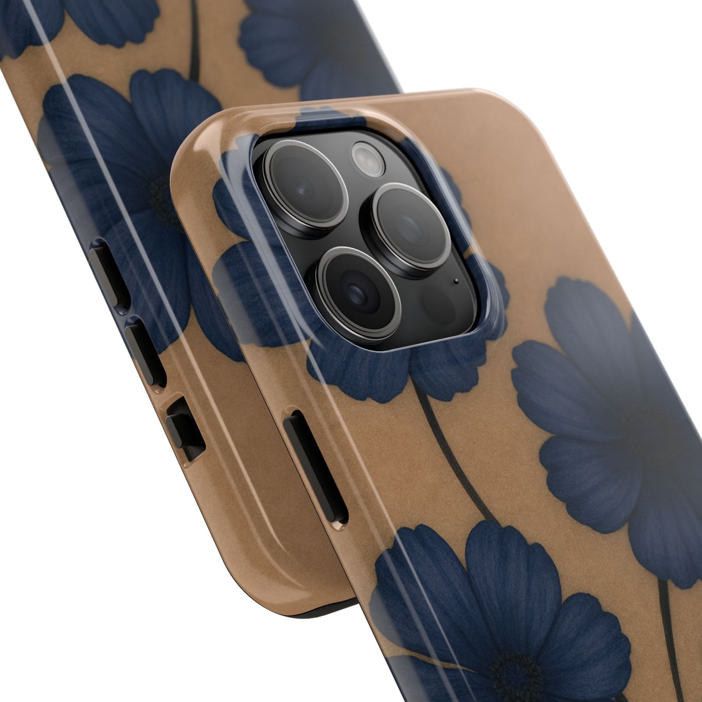 Navy Floral Tough iPhone Case — Durable Protective Case with Blue Flowers on Kraft Background