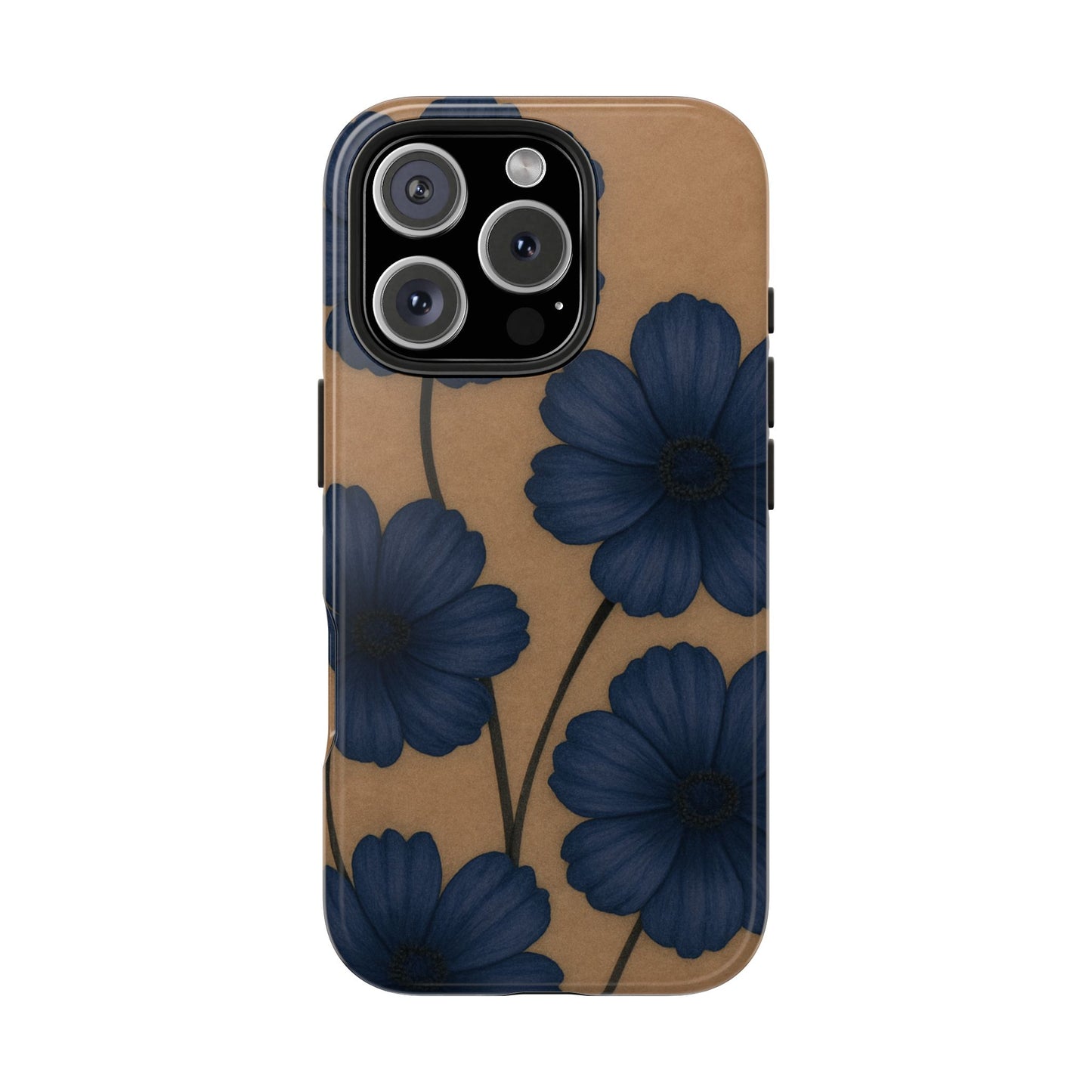 Navy Floral Tough iPhone Case — Durable Protective Case with Blue Flowers on Kraft Background