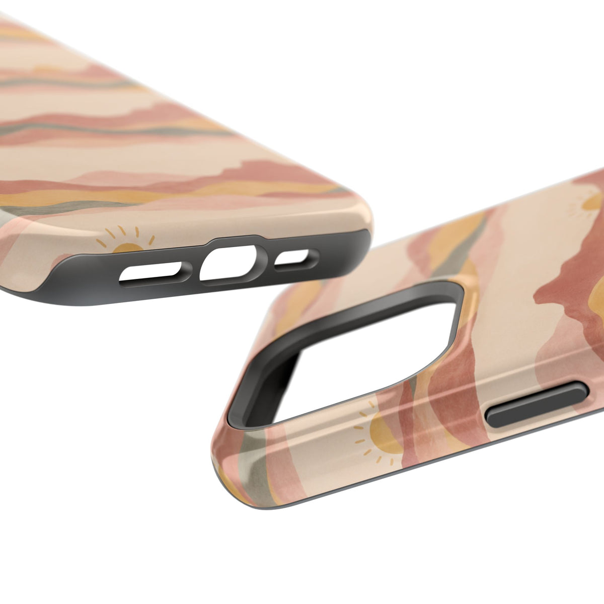 Sunset Trails – Desert Landscape MagSafe Phone Case, glossy square triple-camera Pro model, port openings and edge details