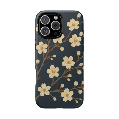 Navy Cherry Blossom Floral iPhone Case - Compatible with MagSafe