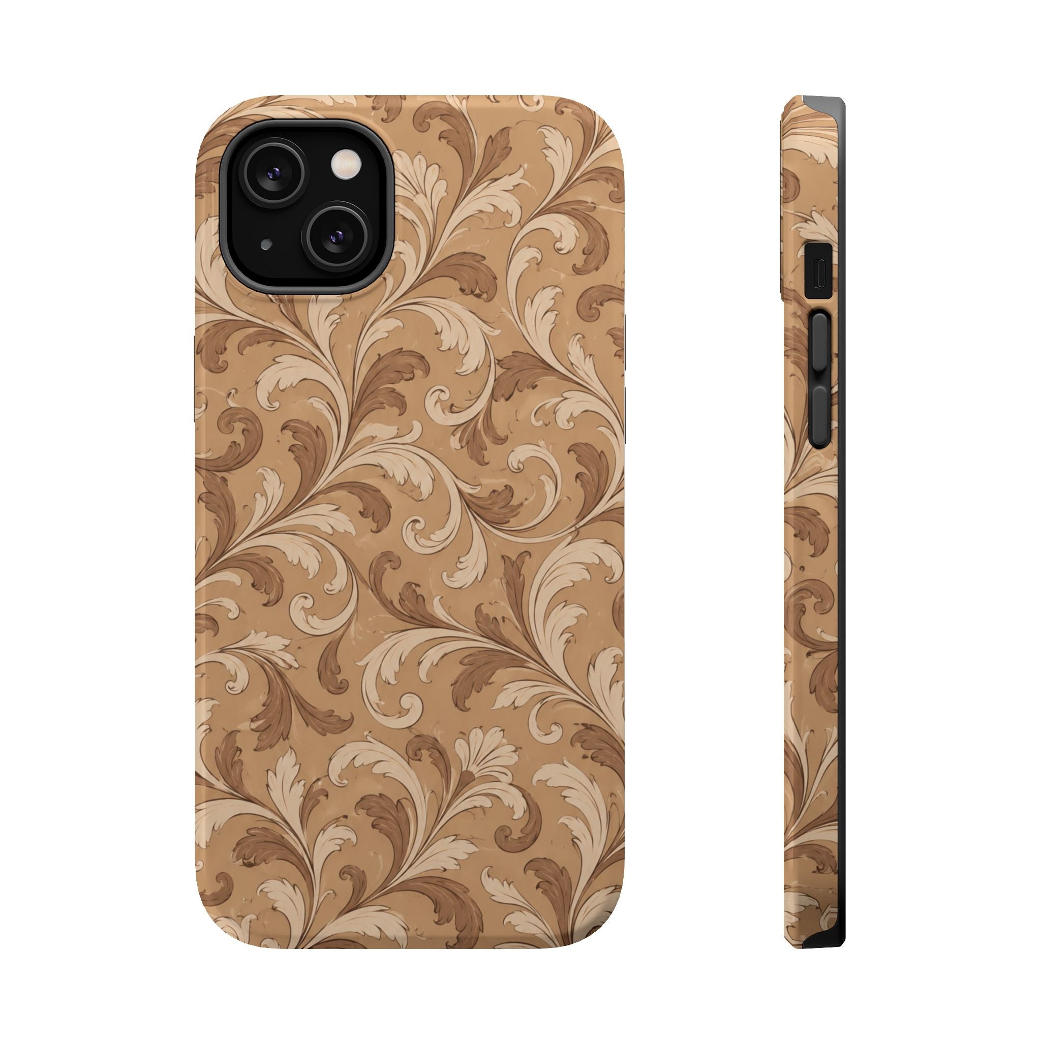 Saddle Scrolls – Tan Western Scrollwork MagSafe Phone Case, glossy iPhone 14 Plus, rear and side profile