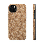 Saddle Scrolls – Tan Western Scrollwork MagSafe Phone Case, glossy iPhone 14 Plus, rear and side profile