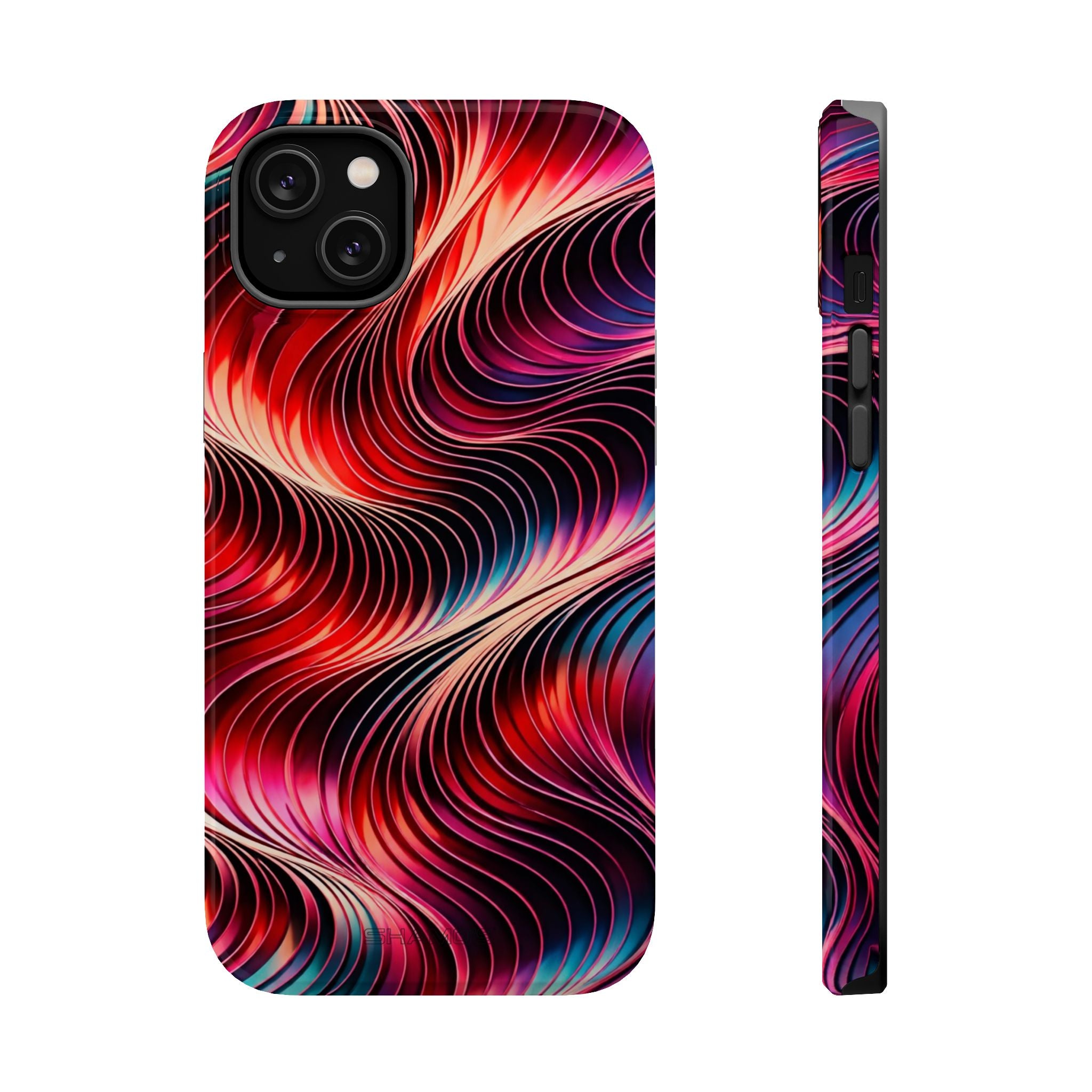 Phone case with flowing red, pink, purple, and blue lines on a black background