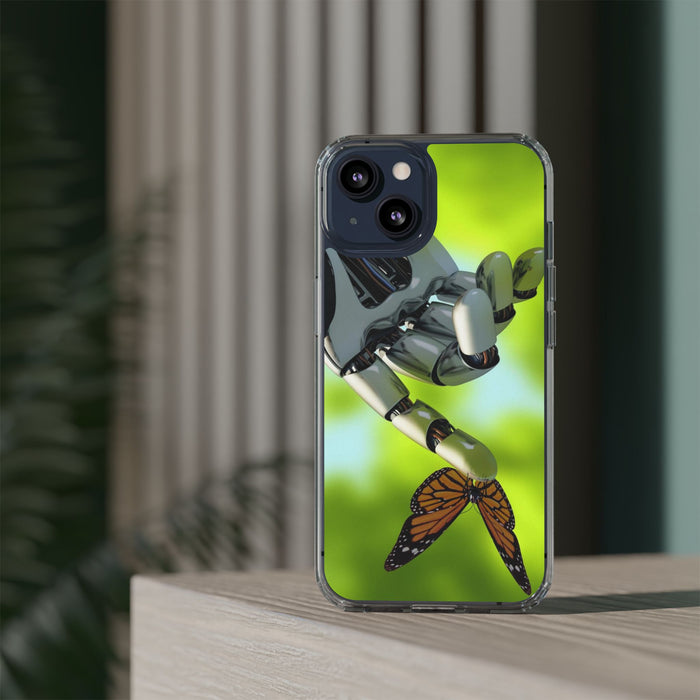Clear Cases for iPhone 14 Series with Robotic hand and Butterfly.