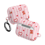 Pink Teddy Hearts AirPod Case, Cute Striped Protective Cover