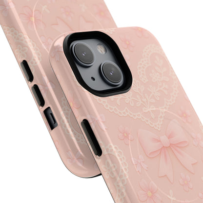 Balletcore Pink Floral Lace iPhone Case with Bow | Works with MagSafe
