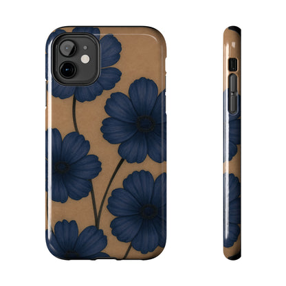 Navy Floral Tough iPhone Case — Durable Protective Case with Blue Flowers on Kraft Background