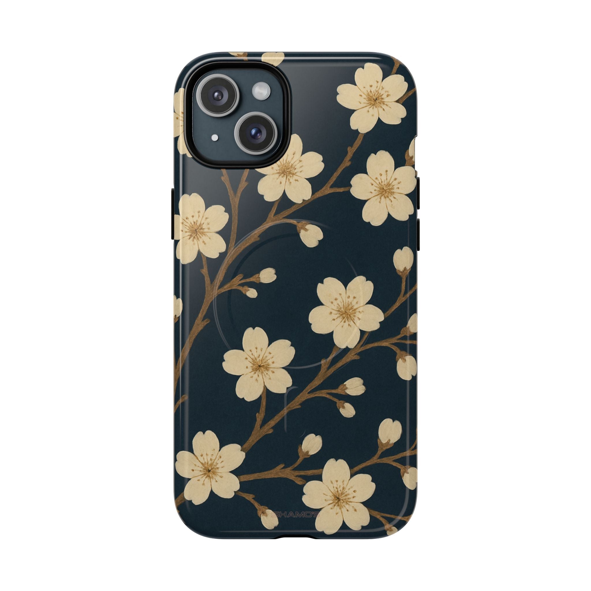 Navy Cherry Blossom Floral iPhone Case - Compatible with MagSafe - iPhone 15 Plus / Glossy - Shamo's #iphone-15-plus