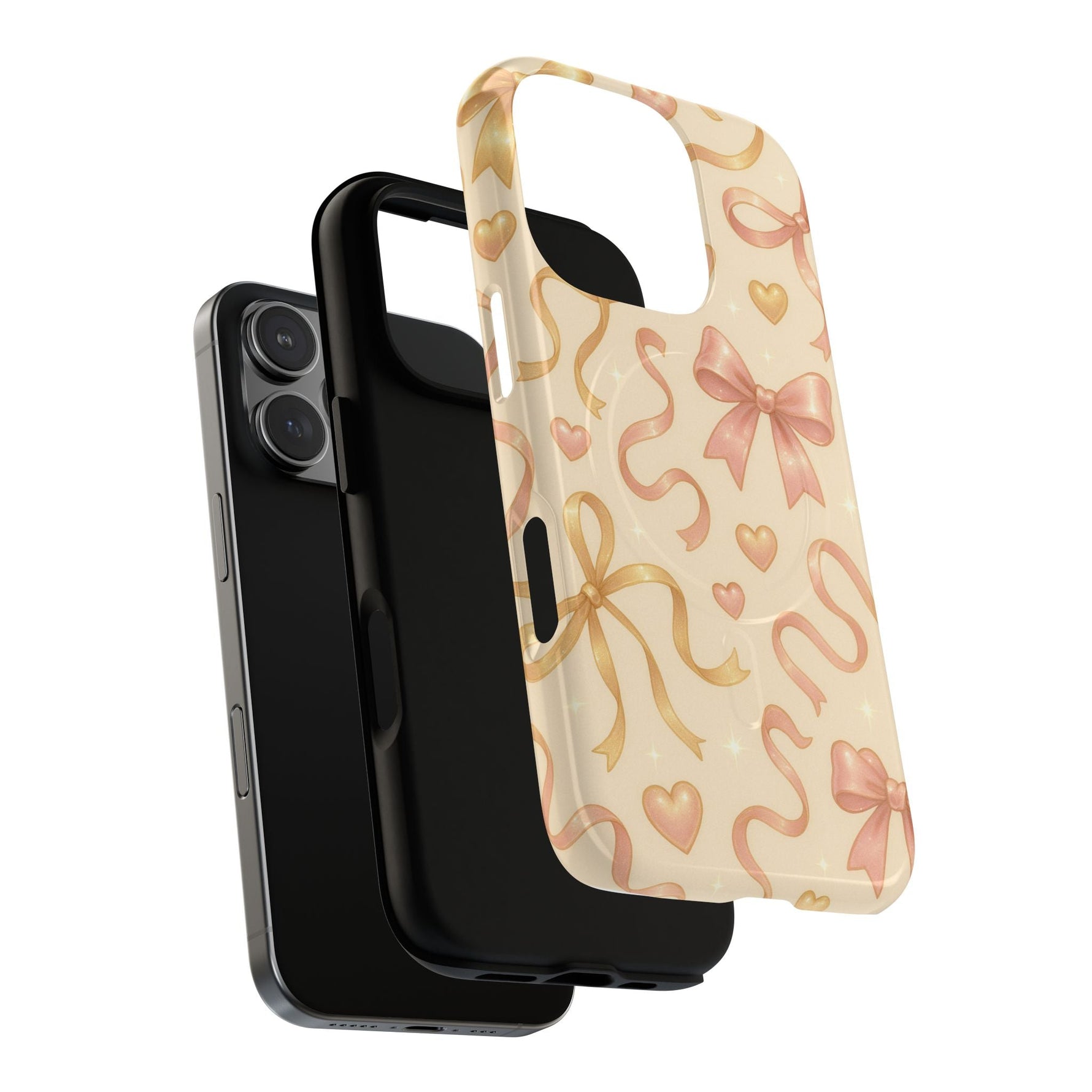Festive Bow Charm iPhone Case — Pink & Gold Ribbon Hearts with MagSafe  Shamo's