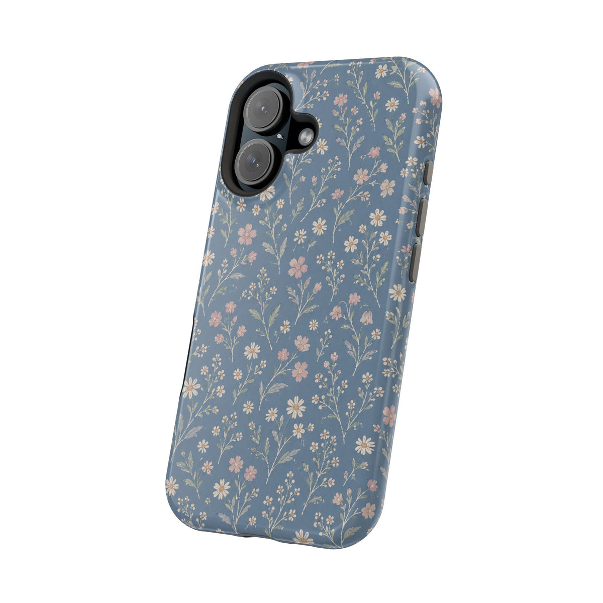 Denim Wildflowers MagSafe Phone Case, glossy vertical dual-camera model, angled rear view