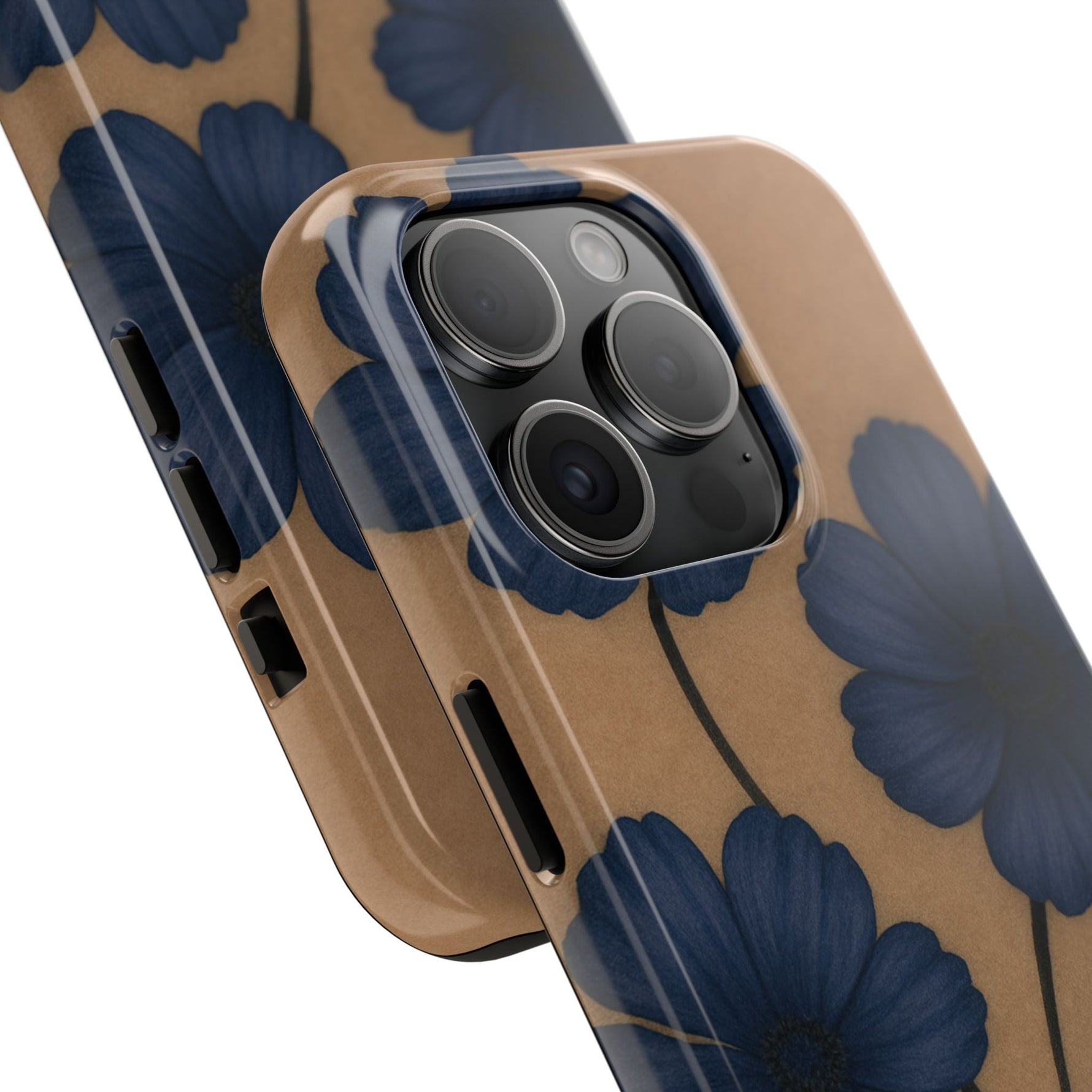 Navy Floral Tough iPhone Case — Durable Protective Case with Blue Flowers on Kraft Background  Shamo's