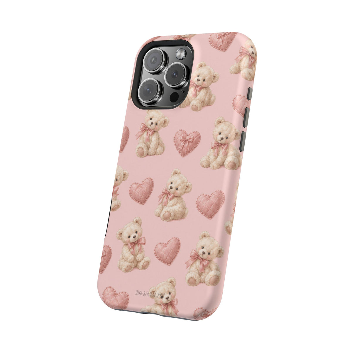 Pink Teddy Hearts Love iPhone Case, Impact-Resistant MagSafe Compatible