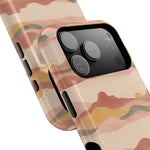 Sunset Trails – Desert Landscape MagSafe Phone Case, glossy compact wide-camera Pro model, camera and side-button close-up