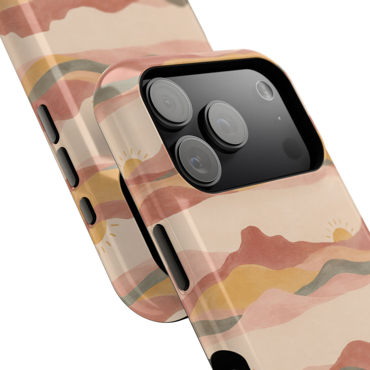Sunset Trails – Desert Landscape MagSafe Phone Case, glossy compact wide-camera Pro model, camera and side-button close-up