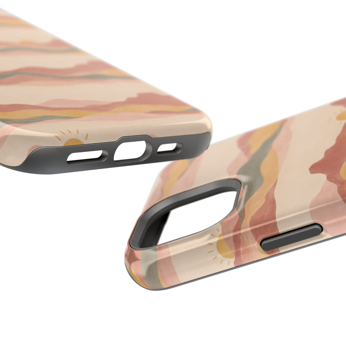 Sunset Trails – Desert Landscape MagSafe Phone Case, glossy diagonal dual-camera model, port openings and edge details