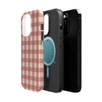 Prairie Gingham MagSafe Phone Case, glossy square triple-camera Pro model, exploded shell and liner with magnetic ring