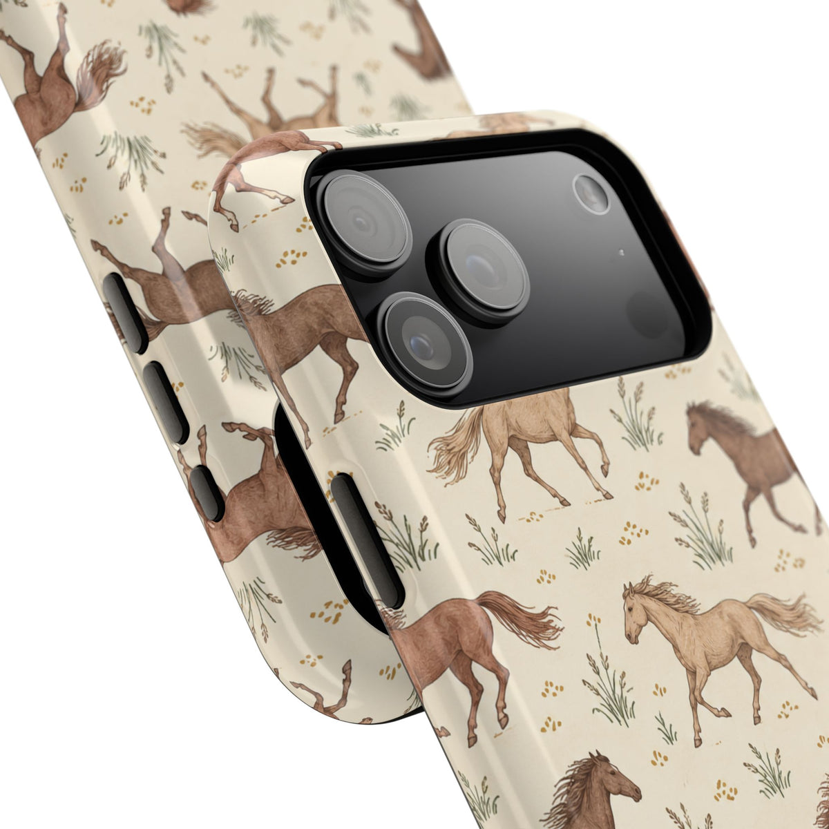 Wild Mustangs – Western Horse Pattern MagSafe Phone Case, glossy wide-camera Pro Max model, camera and side-button close-up