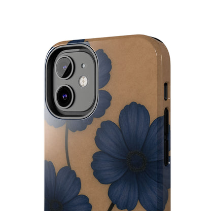 Navy Floral Tough iPhone Case — Durable Protective Case with Blue Flowers on Kraft Background