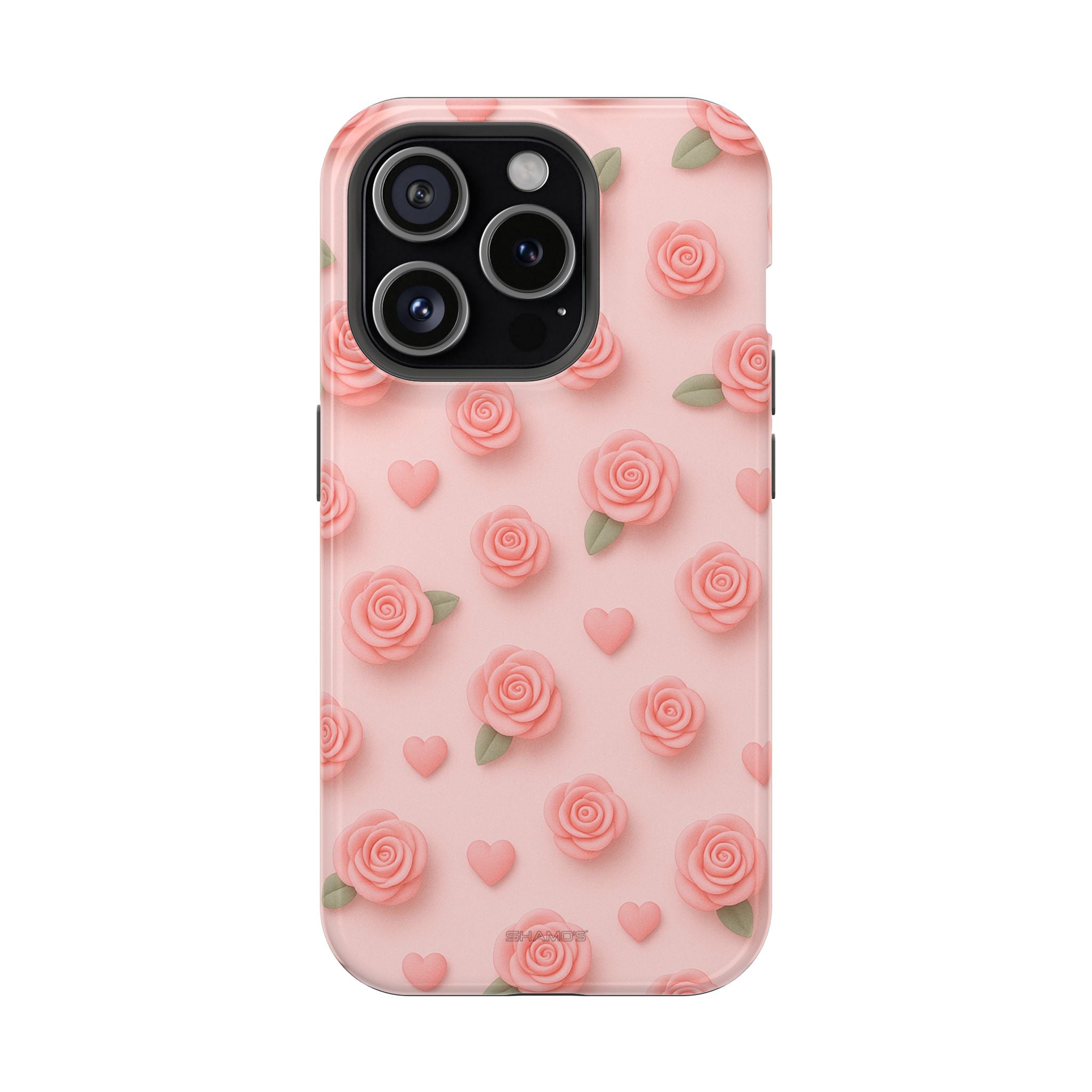 Pink Rose Pattern Impact iPhone Case — Floral Hearts Protective Cover (MagSafe compatible) - iPhone 15 Pro / Glossy - Shamo's