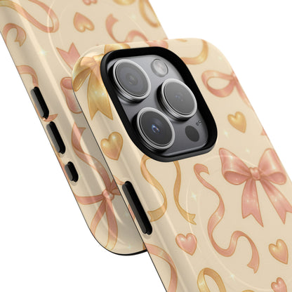 Festive Bow Charm iPhone Case — Pink & Gold Ribbon Hearts with MagSafe - Shamo's