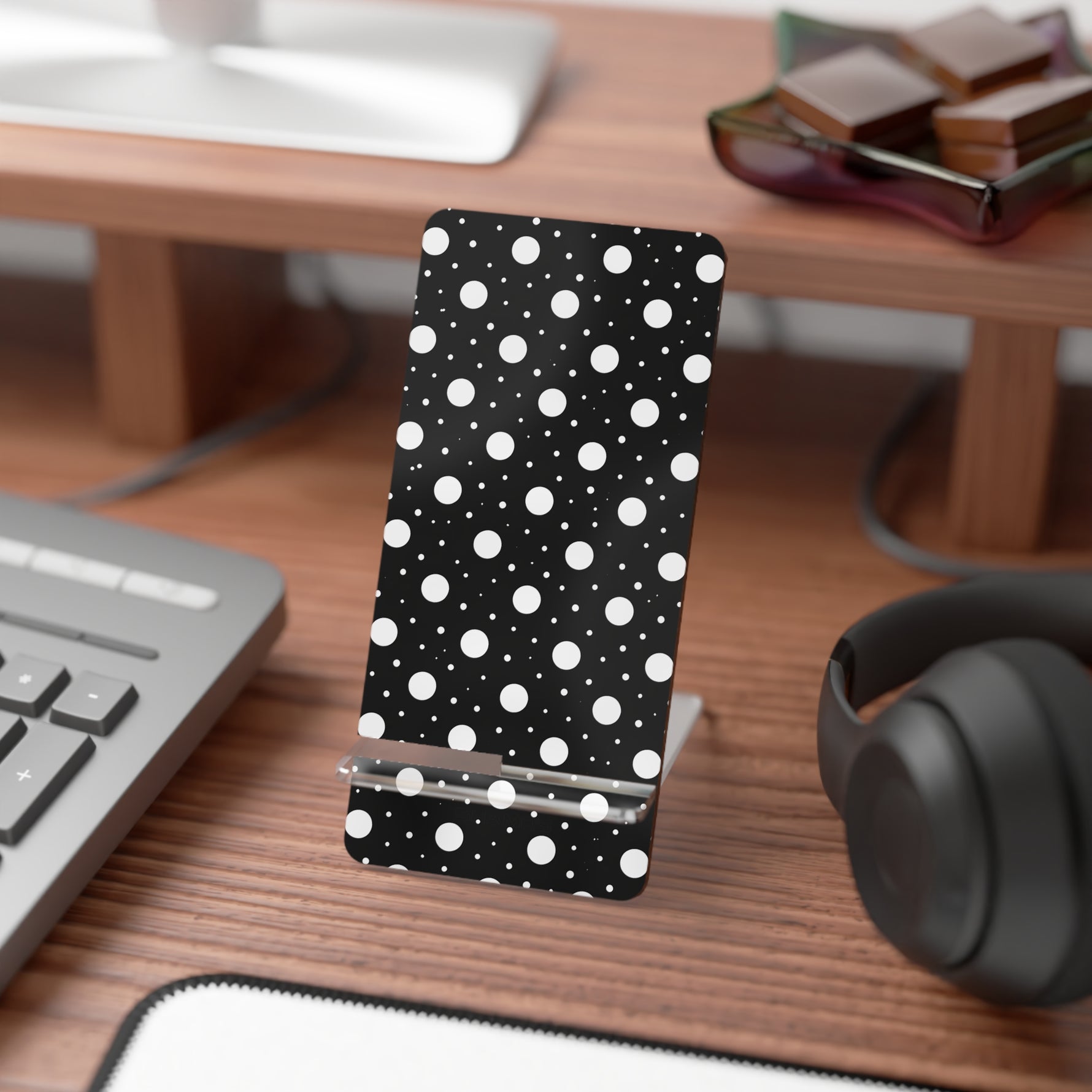 Polka Dot Phone Stand — Black & White Mobile Display Stand