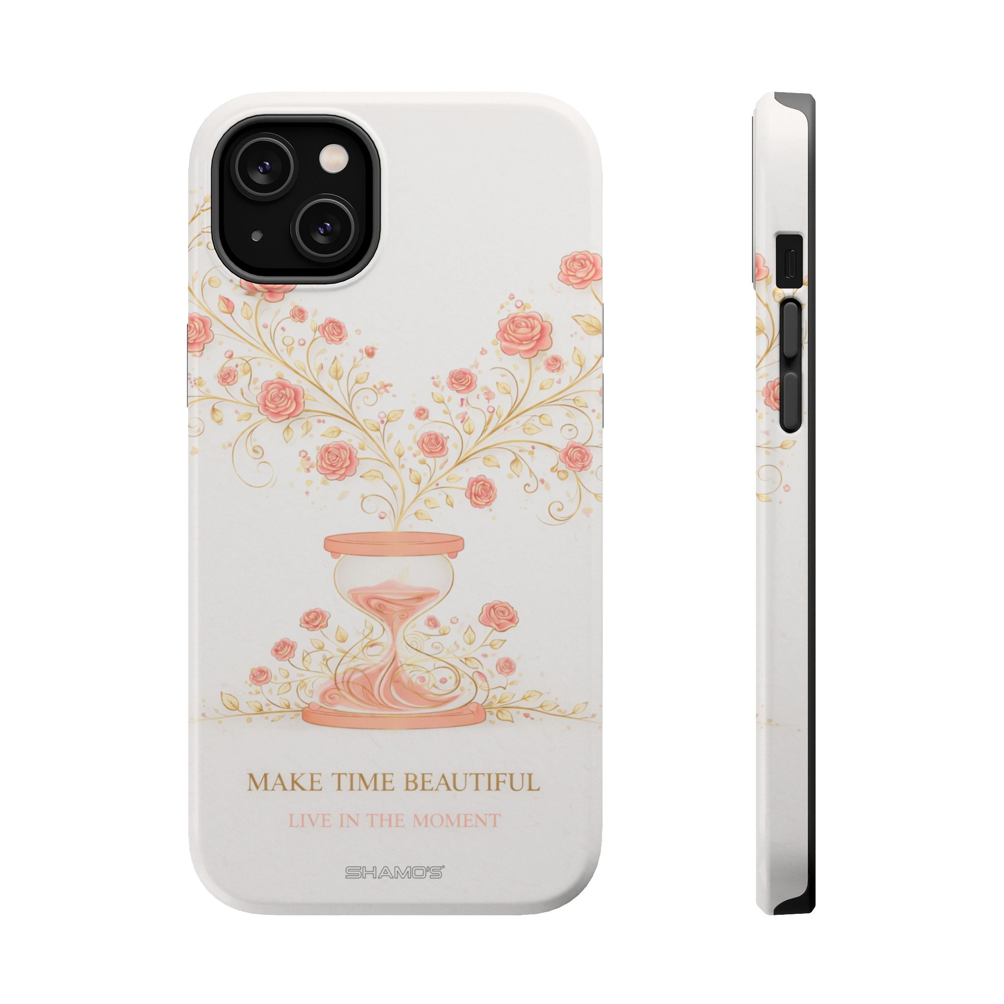 Magnetic iPhone Case, "Make Time Beautiful" Floral Hourglass Protective Cover - iPhone 14 Plus / Glossy - Shamo's