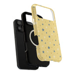 Prairie Stars – Yellow and Blue Star MagSafe Phone Case, glossy wide-camera Pro Max model, exploded shell and liner with magnetic ring