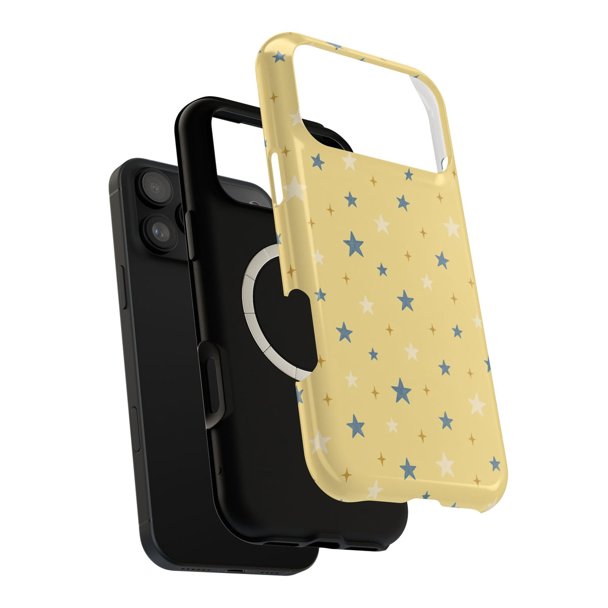 Prairie Stars – Yellow and Blue Star MagSafe Phone Case, glossy wide-camera Pro Max model, exploded shell and liner with magnetic ring