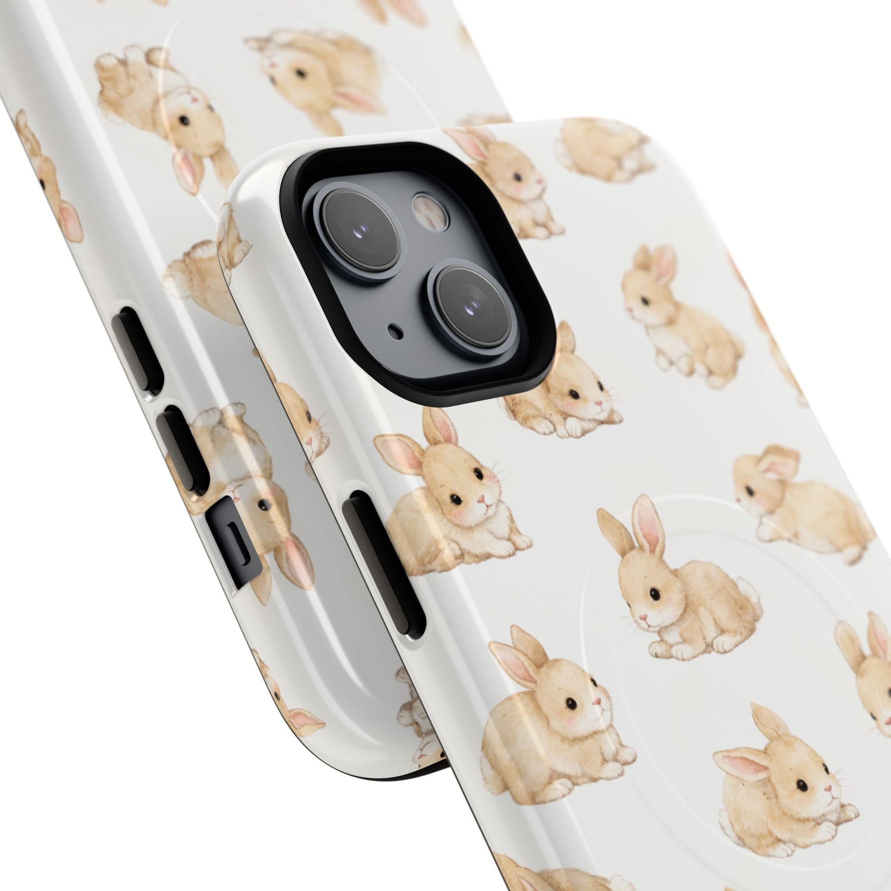 Two white phone cases with cute beige bunny pattern, shown in different sizes on smartphone