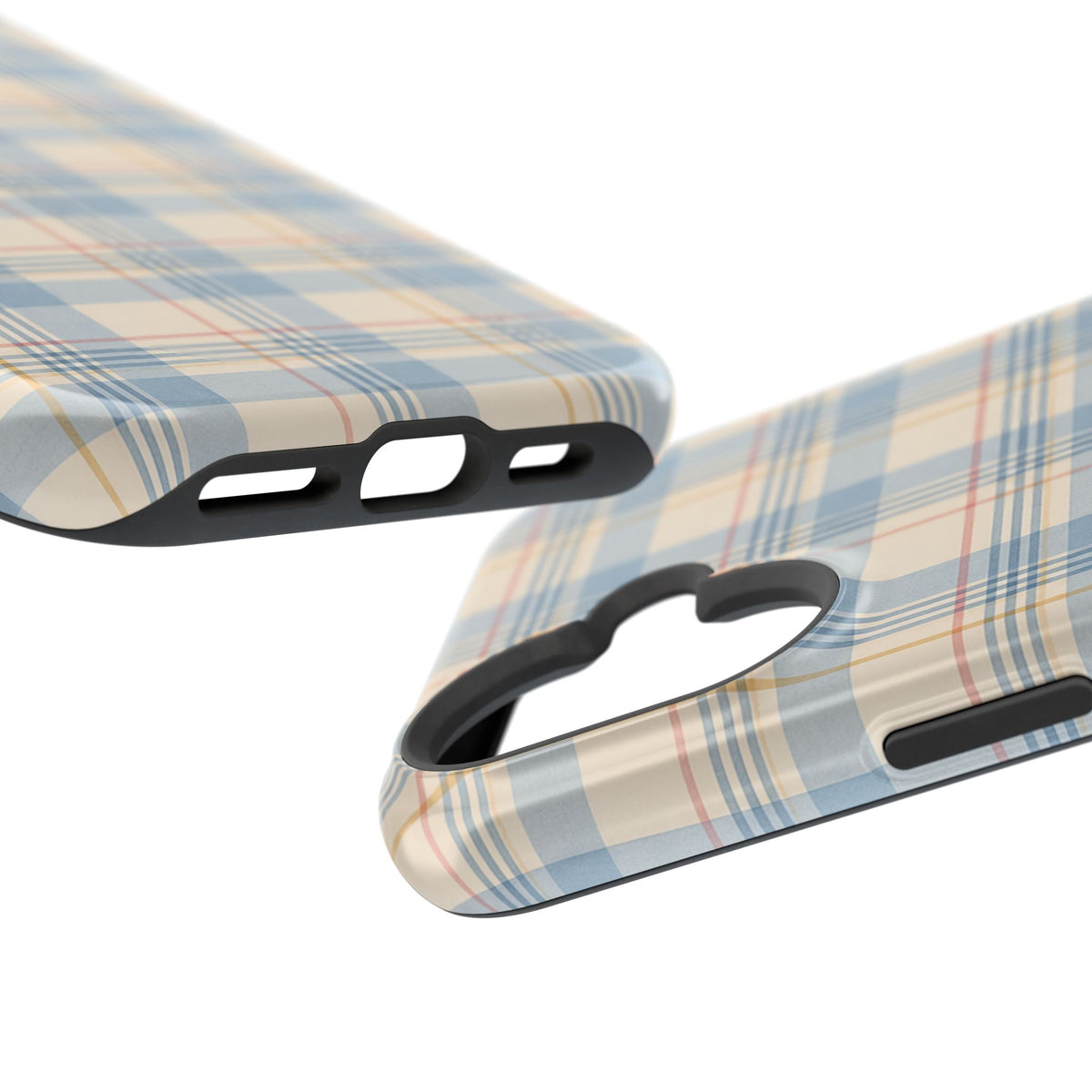 Ranch Check – Blue and Cream Plaid MagSafe Phone Case, glossy vertical dual-camera model, port openings and edge details