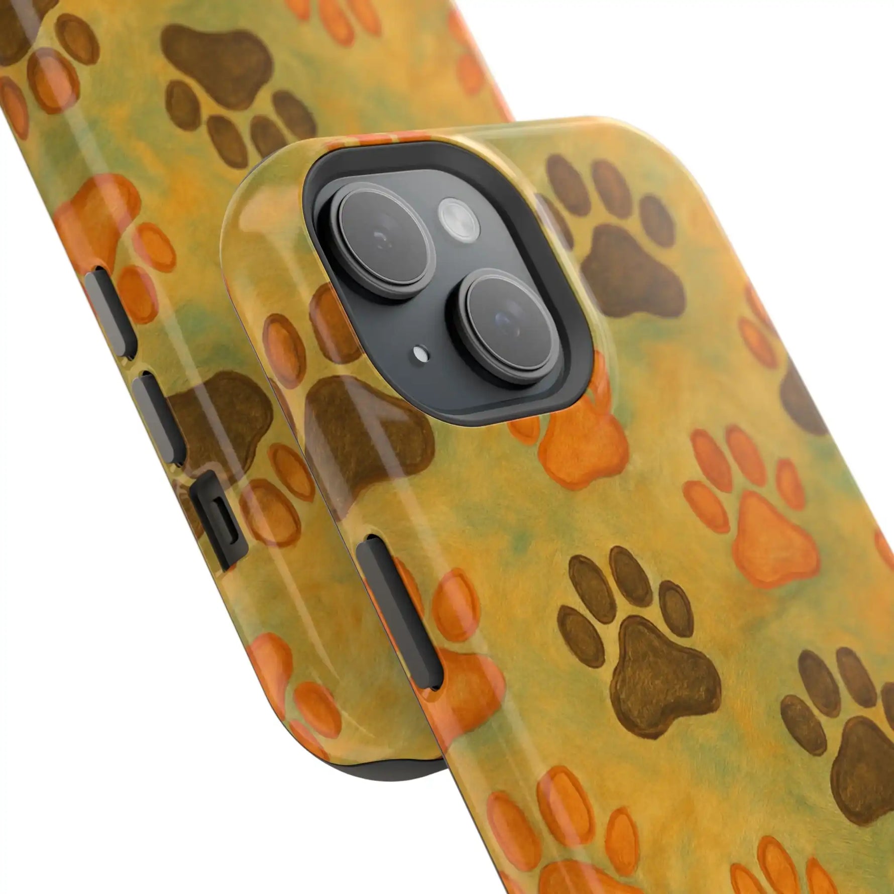 Two variant sizes of yellow phone cases with brown and orange paw print patterns showing camera cutouts and side buttons