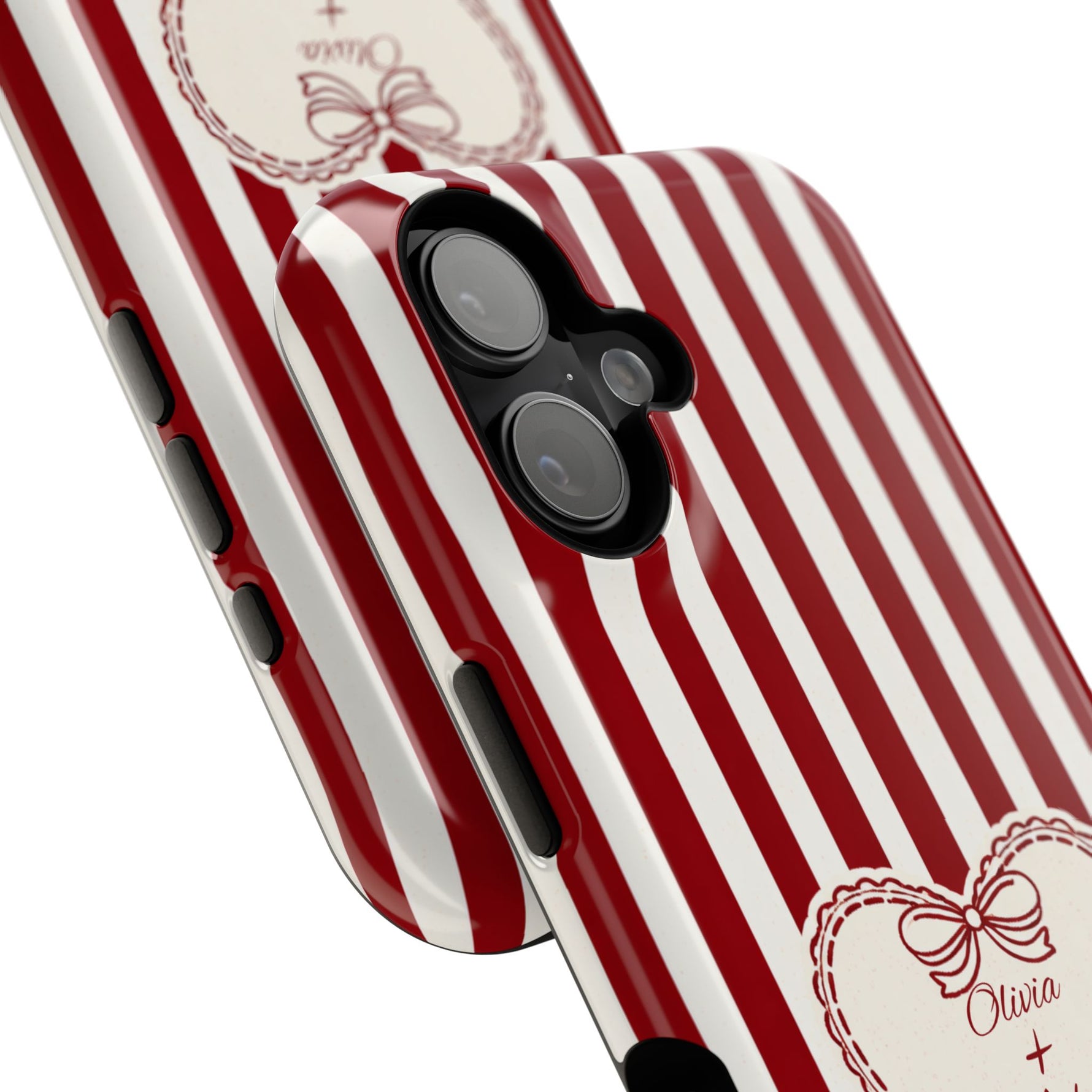 Funda personalizada a rayas — Diseño de corazón rojo y blanco (nombres personalizados)