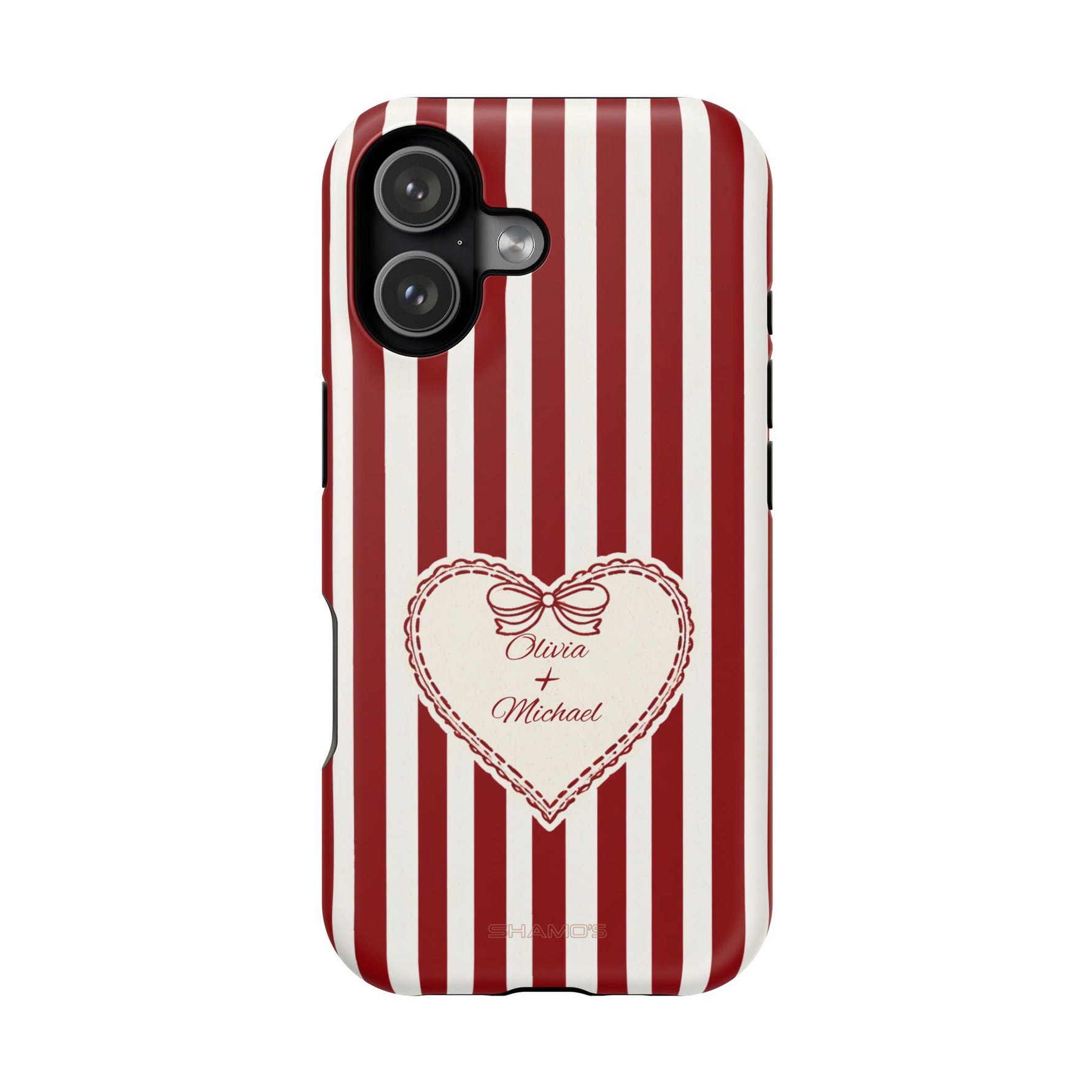 Funda personalizada a rayas — Diseño de corazón rojo y blanco (nombres personalizados)