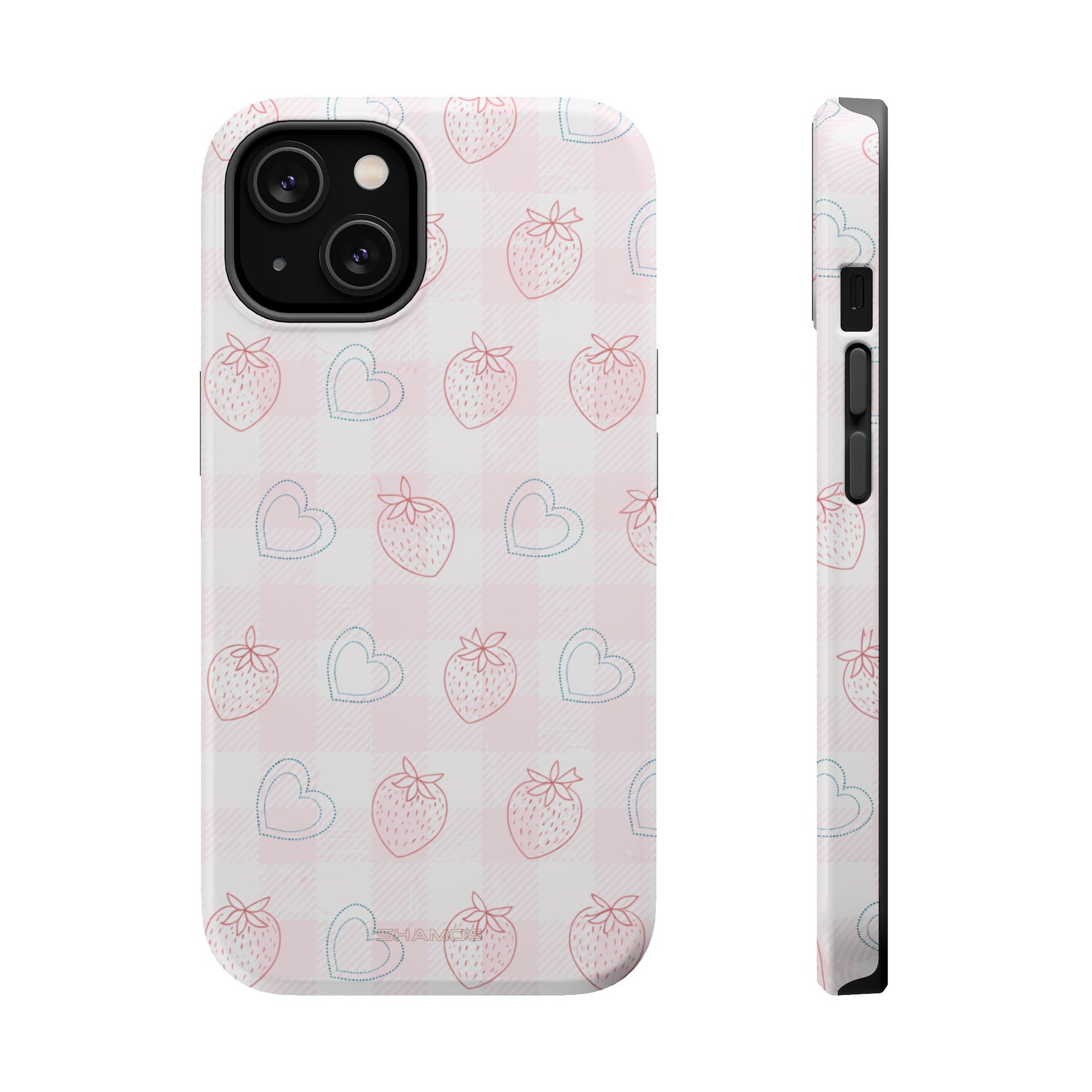 Strawberry Hearts MagSafe Compatible Phone Case | 'Paint it your way' Pink Plaid Impact-Resistant