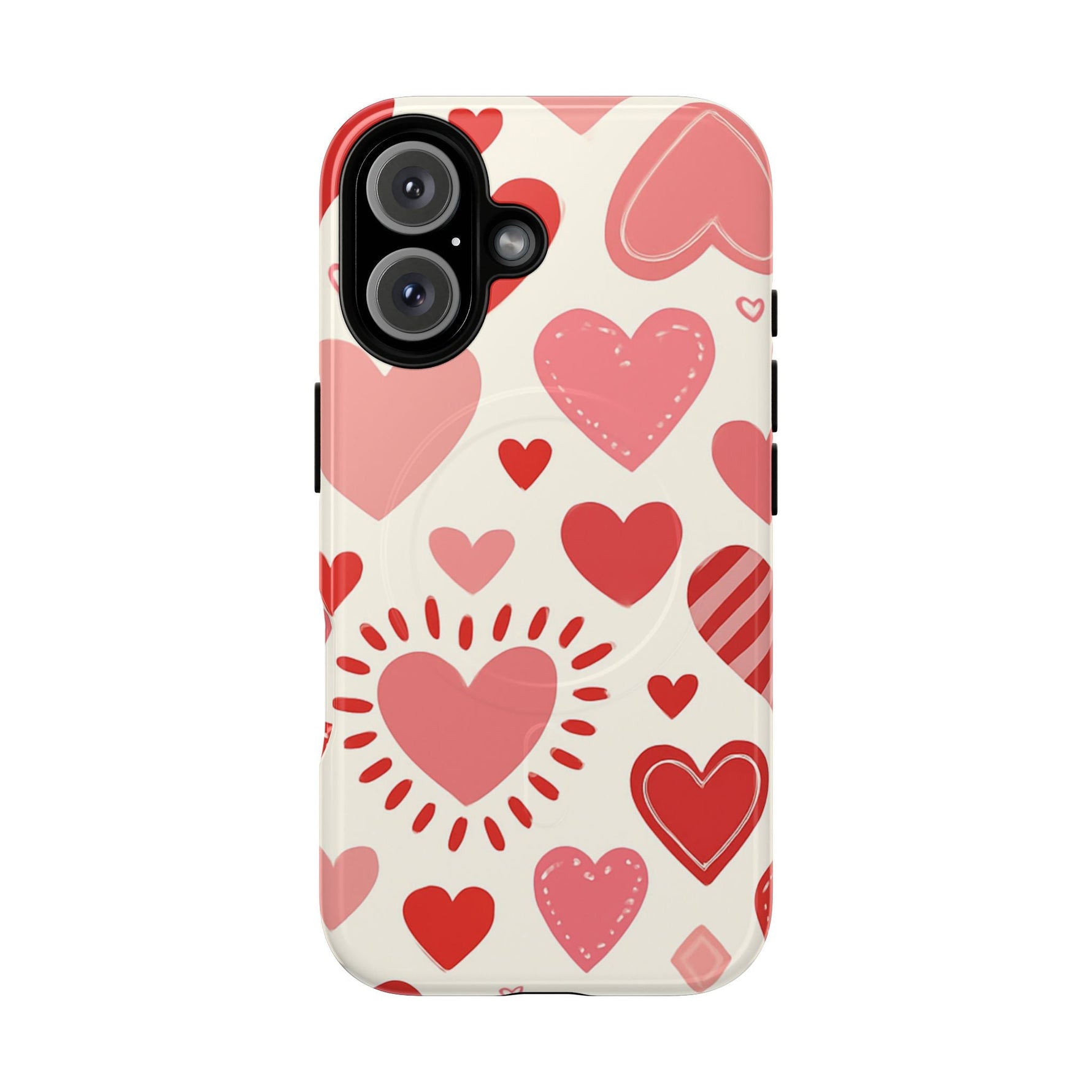 Heart Pattern Tough iPhone Case — Cute Red & Pink Hearts Protective Cover (MagSafe compatible)  Shamo's iPhone 16 / Glossy