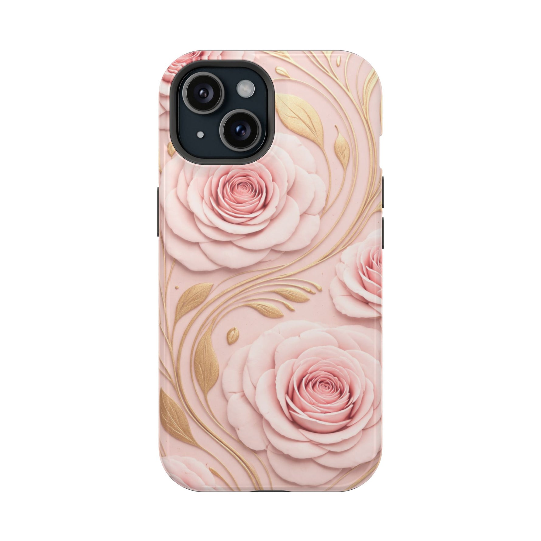Floral Pink Rose MagSafe iPhone Case, Gold Leaf Magnetic Impact-Resistant