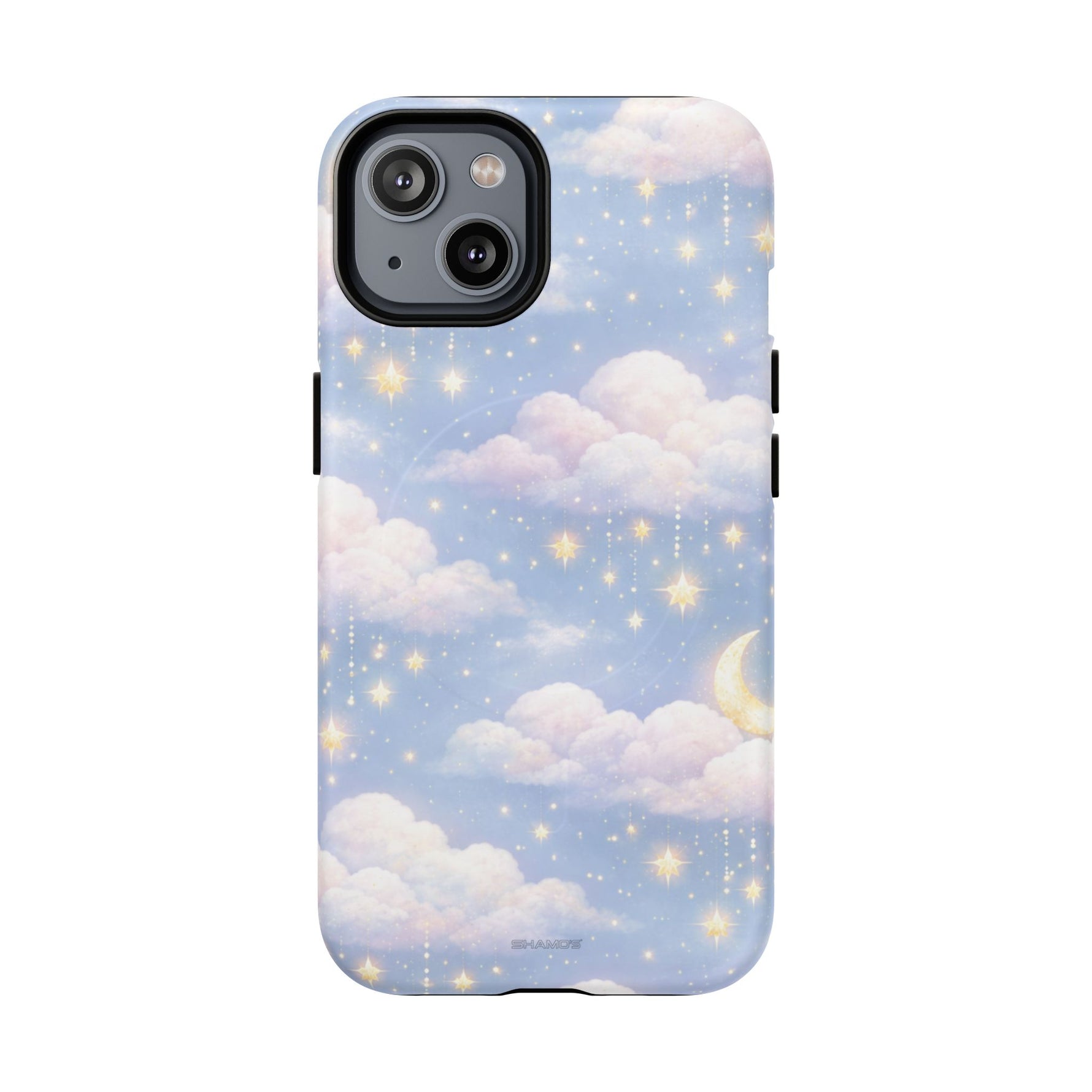 iPhone case size variant with dreamy sky design featuring clouds, stars, and crescent moon