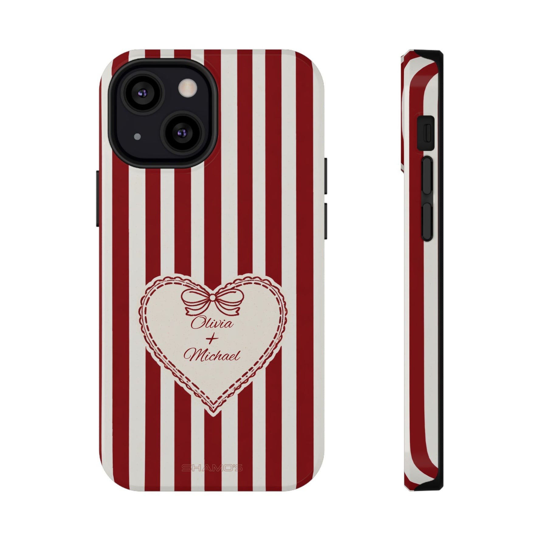 Funda personalizada a rayas — Diseño de corazón rojo y blanco (nombres personalizados)