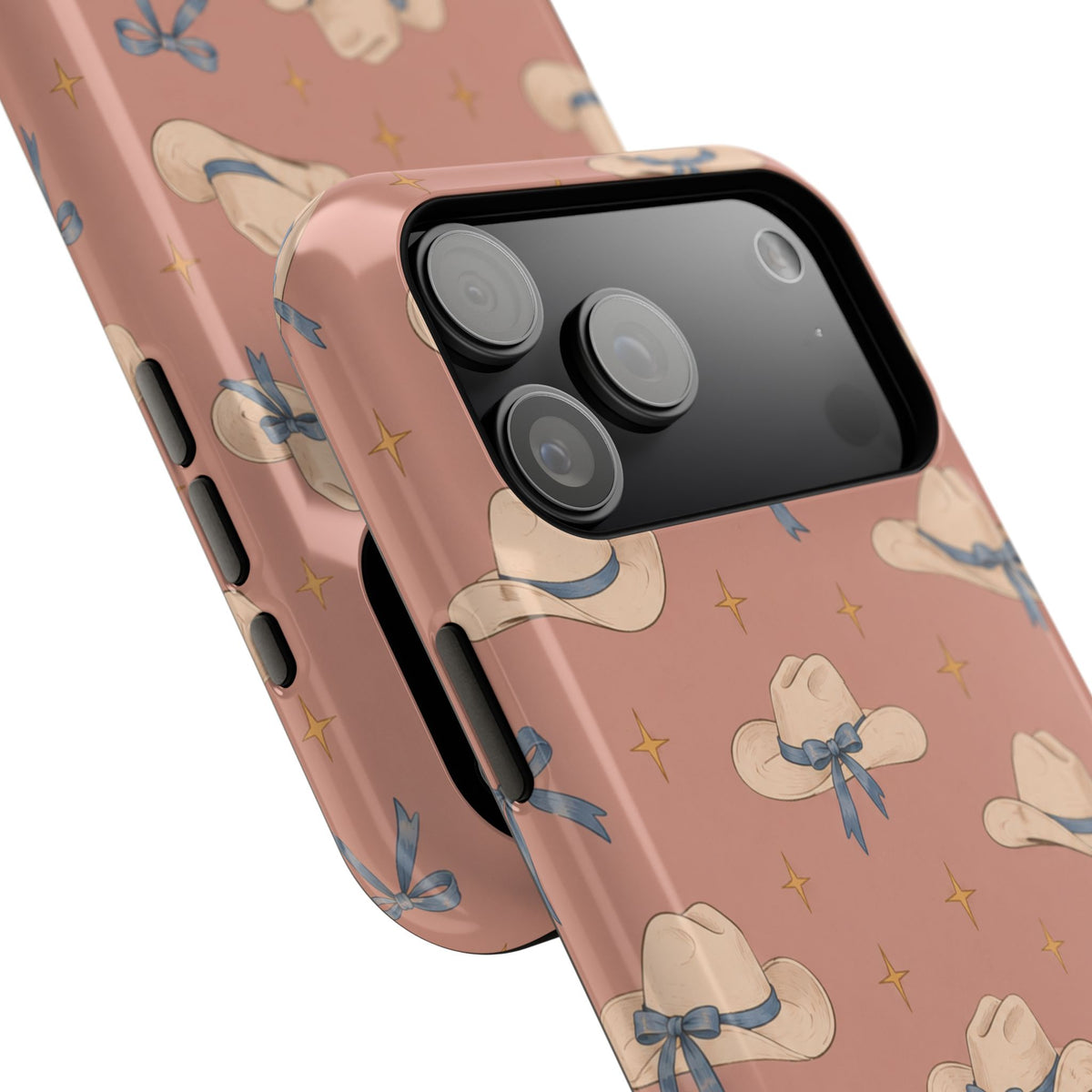 Ribbon Rodeo – Cowgirl Hat and Bow MagSafe Phone Case, Pink, glossy wide-camera Pro Max model, camera and side-button close-up