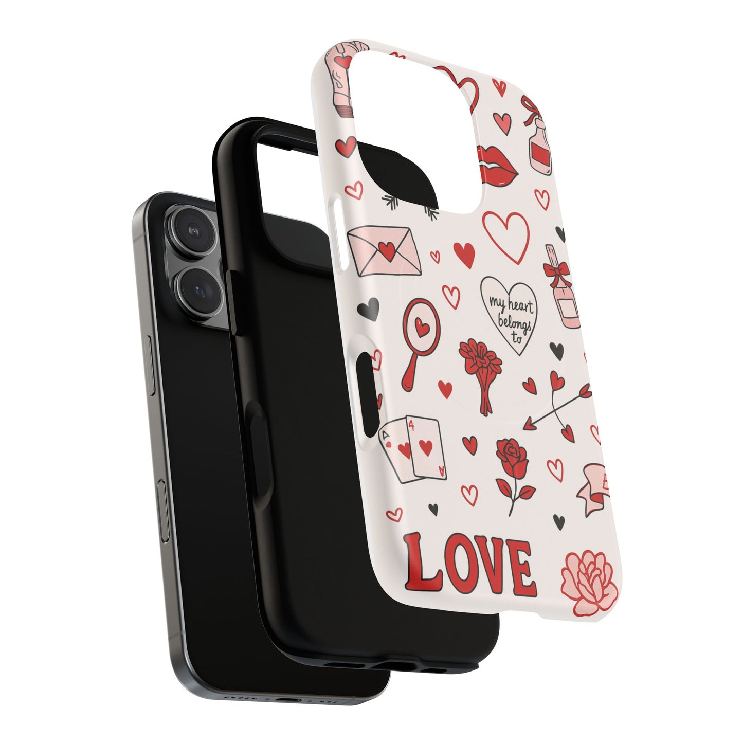 Romantic Love Doodle Tough iPhone Case ("LOVE", hearts, roses) (MagSafe compatible)