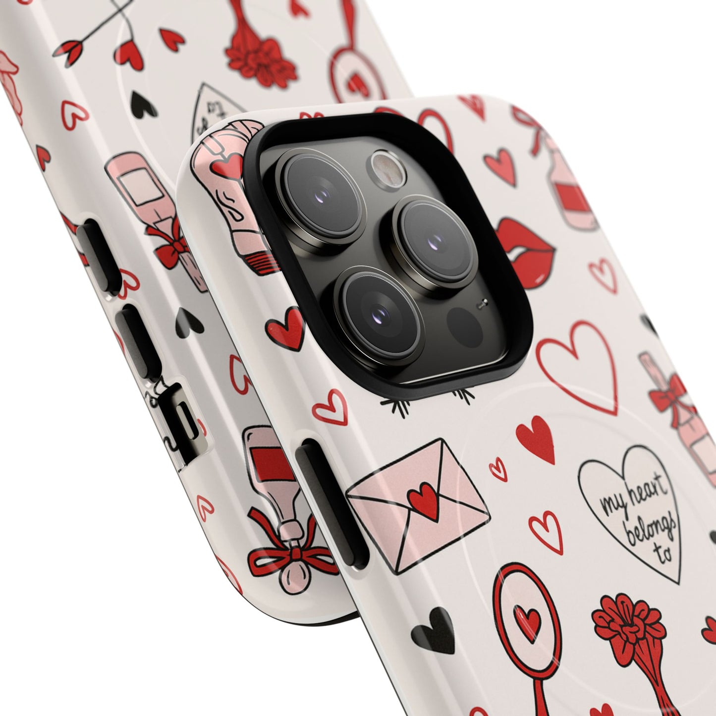 Romantic Love Doodle Tough iPhone Case ("LOVE", hearts, roses) (MagSafe compatible)