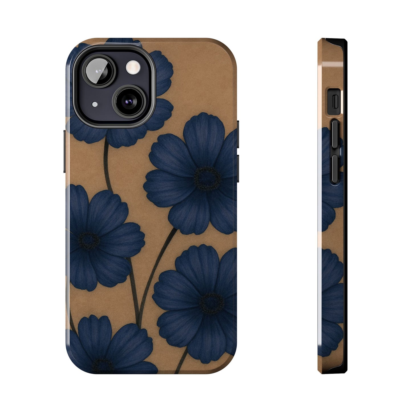 Navy Floral Tough iPhone Case — Durable Protective Case with Blue Flowers on Kraft Background