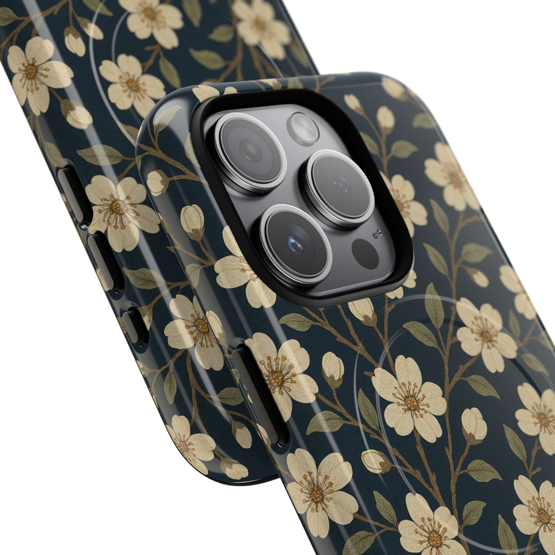 Navy Cherry Blossom Floral iPhone Case - Compatible with MagSafe - Shamo's