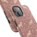 Rose Ponies MagSafe Phone Case, glossy diagonal dual-camera model, camera and side-button close-up