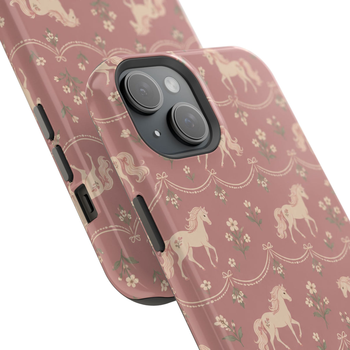 Rose Ponies MagSafe Phone Case, glossy diagonal dual-camera model, camera and side-button close-up