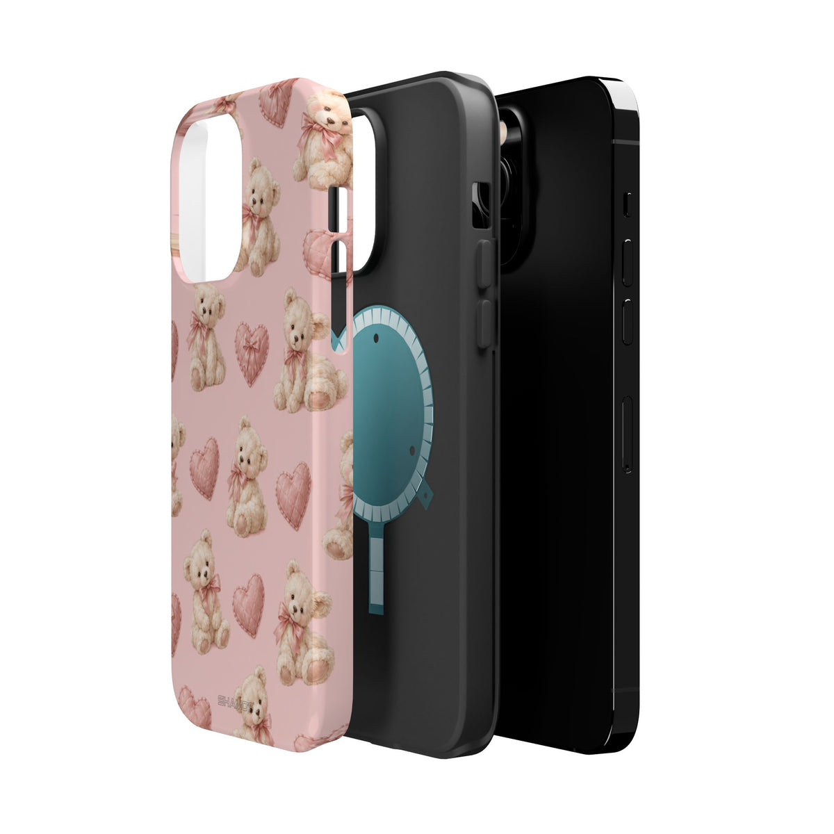 Pink Teddy Hearts Love iPhone Case, Impact-Resistant MagSafe Compatible