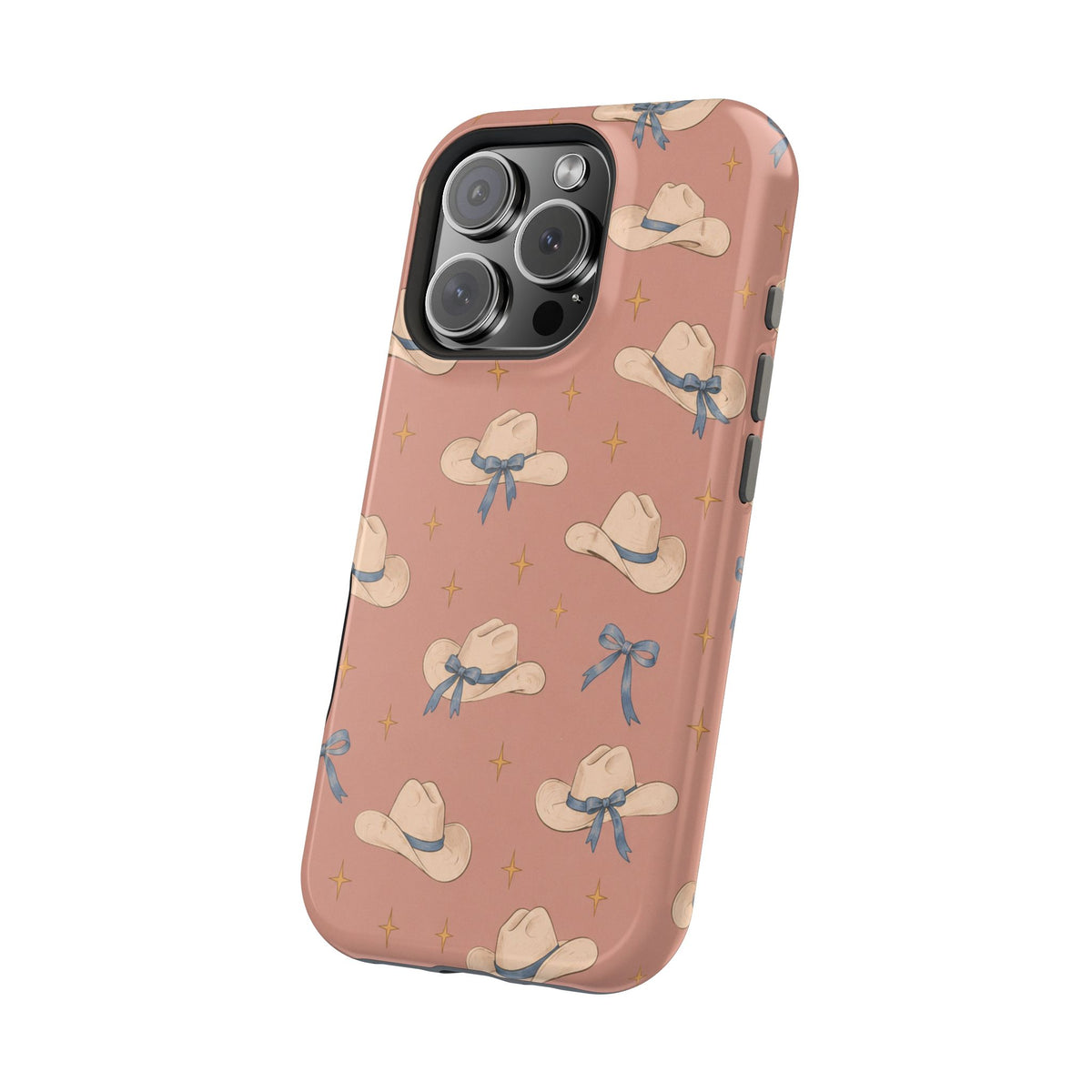 Ribbon Rodeo – Cowgirl Hat and Bow MagSafe Phone Case, Pink, glossy square triple-camera Pro model, angled rear view