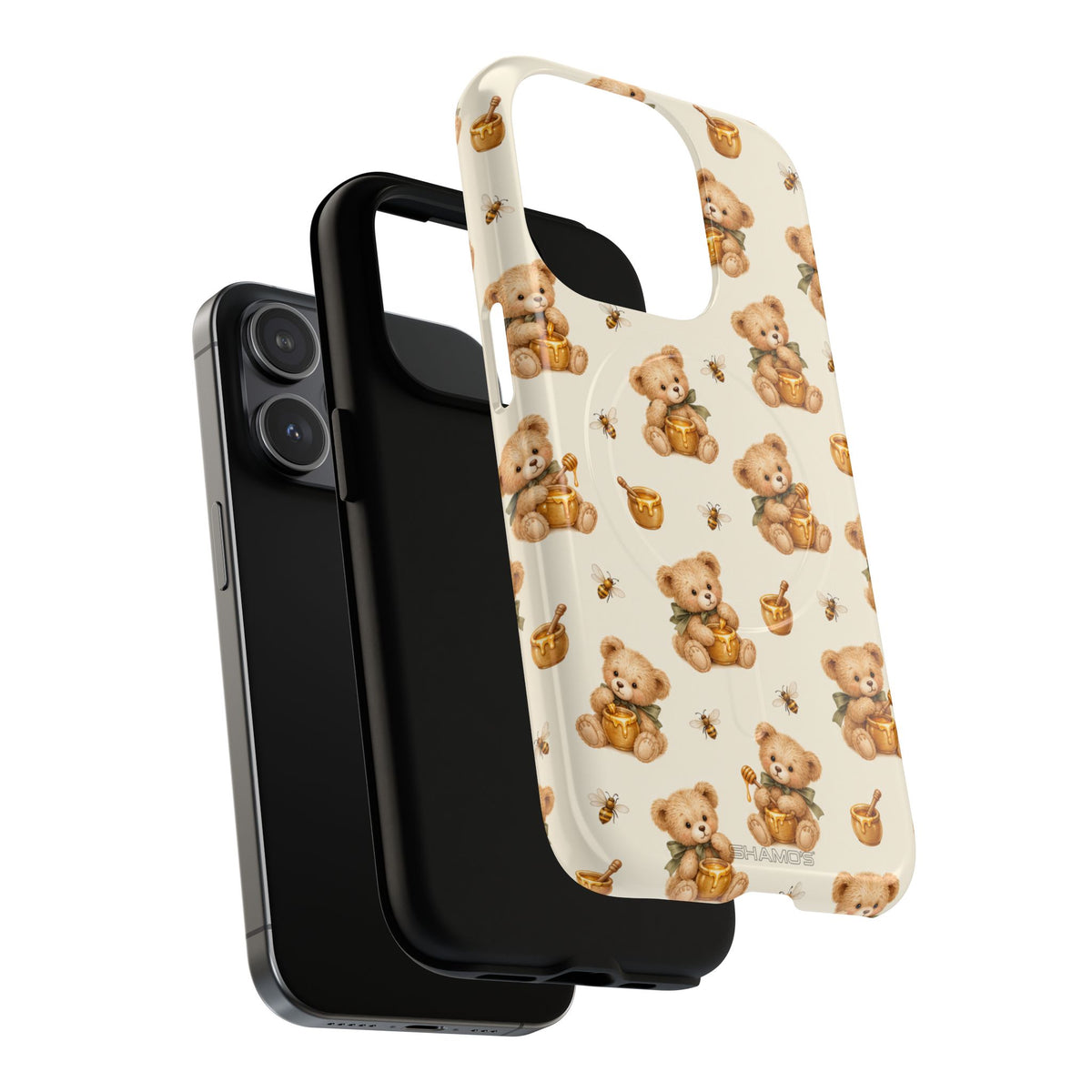 Honingknuffelbeer iPhone-hoesje — ontwerp met gele bij en honingpot met MagSafe